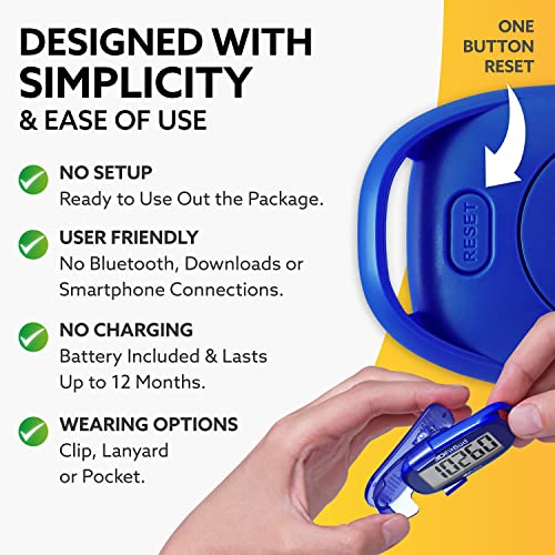 3DFitBud Simple Step Counter Walking 3D Pedometer by 3DActive with Clip, Lanyard Accurate Step Tracker Large Display, Easy to Use for Kids Men Women Adult Seniors Daily Step Tracking - A420S - color: Royal Blue
