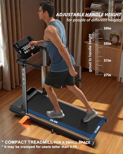 12% Incline Multifunctional Walking Pad with Height-Adjustable Handle Bar and Built-in Removable Desk, 8.0MPH/3.5HP Small Treadmill, 350LBS Weight Capacity Compact Treadmills (Black Orange)