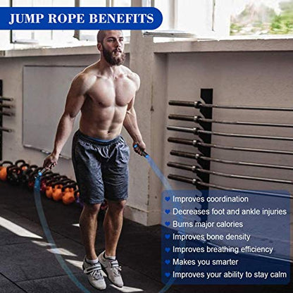 Redify Weighted Jump Rope for Workout Fitness(1LB), Tangle-Free Ball Bearing Rapid Speed Skipping Rope for MMA Boxing Weight-loss,Aluminum Handle Adjustable Length 9MM Fabric Cotton+9MM Solid PVC Rope - color: Blue