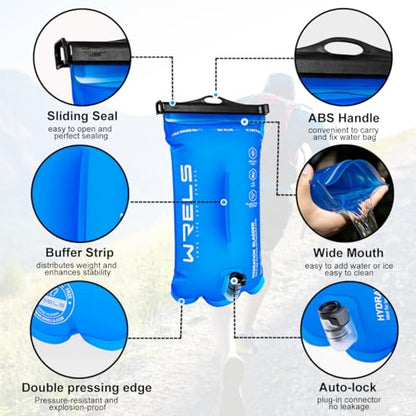 WRELS 1L/1.5L/2L/3L BPA Free Hydration Bladder,Leakproof TPU Water Bladder for Hiking Backpack,Large Opening Water Reservoir Hydration Pack for Running Cycling Camping - size: 2L