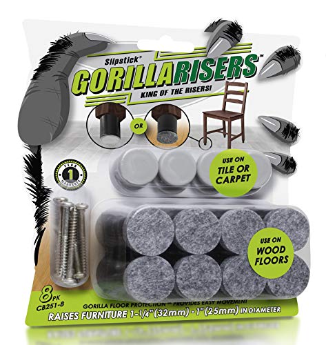 GorillaRisers CB251-8 Screw on Furniture Risers (8 Pack) Floor Protector Slider Legs Raise Furniture Height 1-1/4” to 1-1/2", Plastic & Felt Glides, 1 Inch Round Chair Risers Furniture Leg Extenders