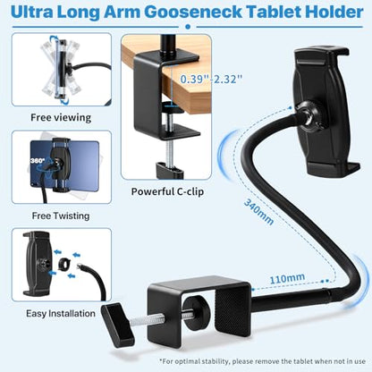 Tablet Stand Holder for Desk, Gooseneck iPad Holder Clamp Mount, 360° Adjustable Arm Mount for iPad mini/Air/Pro、Kindle Fire, Galaxy Tabs, All 4.7"-13.5" Tablets, for Work Meetings, Video, Kitchen