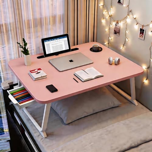 27.6" Home Office Folding Lap Desk with Drawer, Tablet Slot, Cup Holder - Fits up to 18 Inch Laptops, Bed Desk for Reading, Writing, Eating, Portable Laptop Table for Sofa, Coach, Floor (Pink) - color: Pink