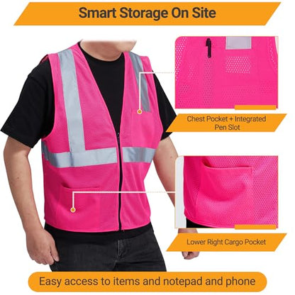 AYKRM 2 Pocket Mesh High Visibility Reflective Safety Vest for men & Women ANSI/ISEA 107 Standards - color: Pink, size: 3X-Large