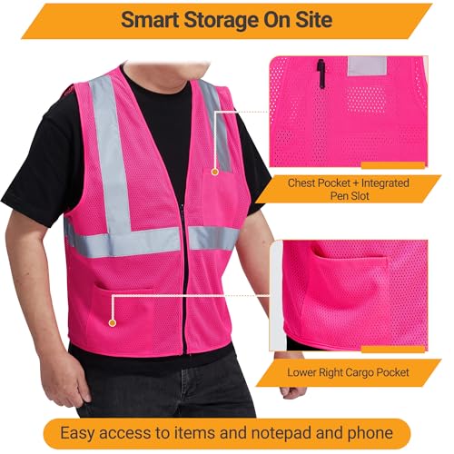 AYKRM 2 Pocket Mesh High Visibility Reflective Safety Vest for men & Women ANSI/ISEA 107 Standards - color: Pink, size: Large