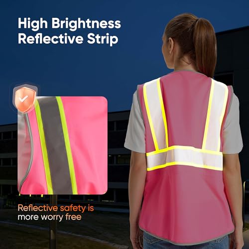 sesafety High Visibility Vest for Women, Slim Fit Drawstring Safety Vests - color: Pink, size: Large