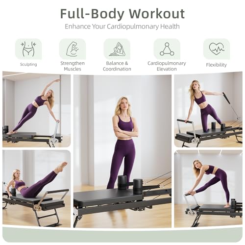 Pilates Reformer, Foldable Reformer Pilates Machine with Dual Resistance - Springs and Cord, Pilates Machine for Advanced and Beginners Users, Up to 300 lbs Weight Capacity, Black