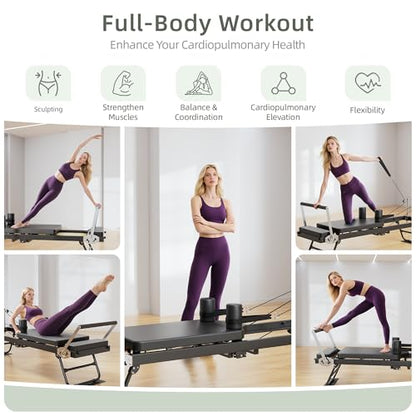 Pilates Reformer, Foldable Reformer Pilates Machine with Dual Resistance - Springs and Cord, Pilates Machine for Advanced and Beginners Users, Up to 300 lbs Weight Capacity, Black