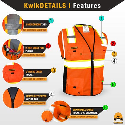 KwikSafety BIG KAHUNA Safety Vest Class 2 ANSI OSHA Hi Vis Reflective Vest - color: Orange, size: X-Large