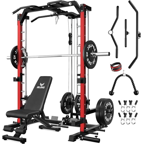 JELENS SR01 Smith Machine, 2000LBS Multi-Function Power Cage with LAT Pulldown System, All-in-One Home Gym Squat Rack with Smith Bar and Training Attachments for Full Body Workouts - color: Red, size: 230LB Black Weights Package