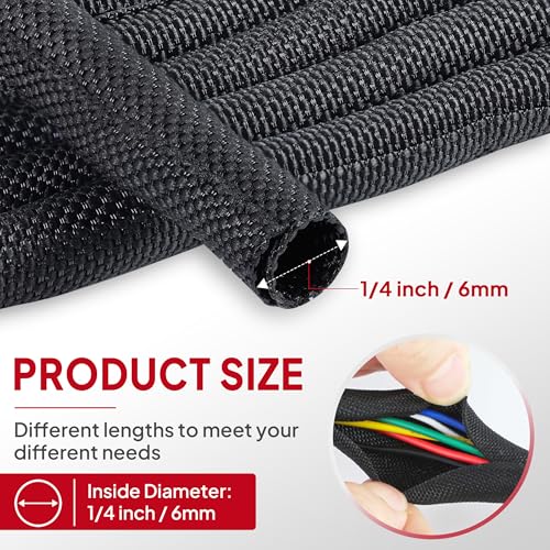 Black Split Braided Cable Management Sleeves 1/4inch -18Feet - size: 1/4"-18Feet