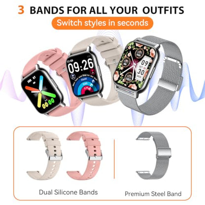 Smart Watch for Women(3 Bands), Fitness Tracker with Bluetooth Calls & AI Voice Control, 1.85’’ HD Screen, Heart Rate/SpO2 Monitor, Sleep Tracker, Compatible with Android iOS (Silver) - color: Silver