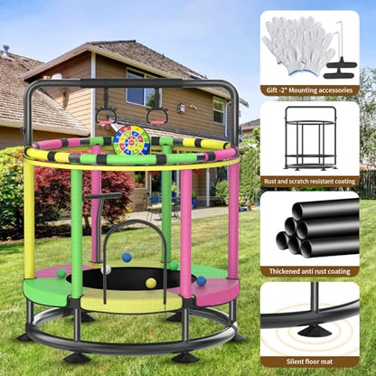 Trampoline for Kids, Full Anti-Rust 440lbs Anti-Rollover Round Bottom Toddler Trampoline, T-handrail Adjustable Baby Toddler Trampolines Dart Board - color: A4-Yellow Green Pink, size: 60