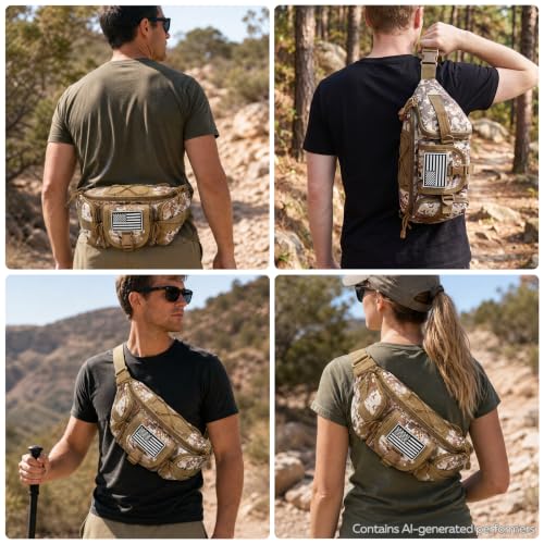 Hiking Waist Packs, Tactical Fanny Pack for Men Women, Waist Bag Hip Belt Bag Crossbody with 5 Zipper Pockets, Travel Outdoor Hiking Fishing Bumbag with Patch - Desert Digital Camo - color: Desert Digital Camo