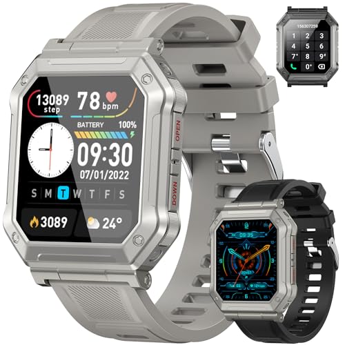 Smart Watch for Men Fitness Tracker: Military Smart Watches for Men Digital Mens Watches Make/Answer Call Running Waterproof Smartwatch Android Phones iPhone Samsung Compatible Heart Rate Monitor - color: Grey