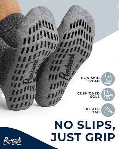 Pembrook Non Slip Crew Grip Socks Men & Women - 4 Pairs | Non Slip Socks for Elderly, Hospital, Pilates, Yoga, Barre, Home - color: Gray - 4 Pairs, size: X-Large