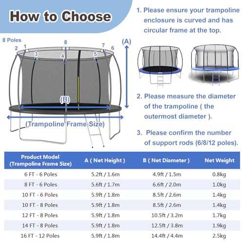 Trampoline Net Replacement Safety Enclosure Net with Zippers (Net Only) for Top Ring Round Frame Trampolines 6/8/10/12/14/16FT - size: 6 FT / 6 poles