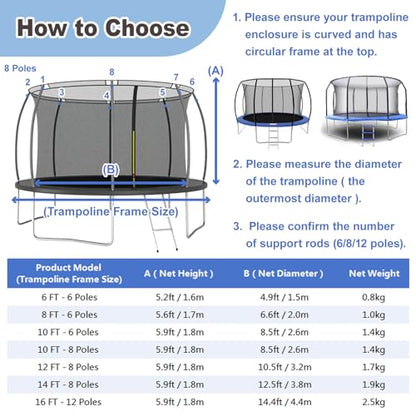 Trampoline Net Replacement Safety Enclosure Net with Zippers (Net Only) for Top Ring Round Frame Trampolines 6/8/10/12/14/16FT - size: 6 FT / 6 poles