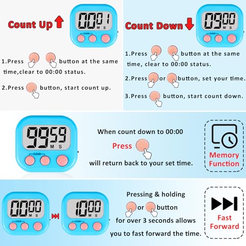 ZILLEEN Digital Kitchen Classroom Timers for Kids Cooking 6pcs MulticolorB - color: Yellow&black&pink&green&orange&purple