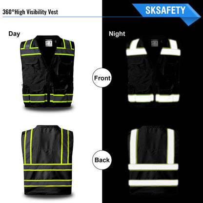 SKSAFETY 12 Pockets Professional level Safety Vest, Class 2 High Visibility Vest, ANSI/ISEA - color: Black, size: X-Large