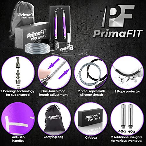 PrimaFIT Pro Speed Jump Rope for Adults, Weighted Skipping Rope for Boxing - color: Purple