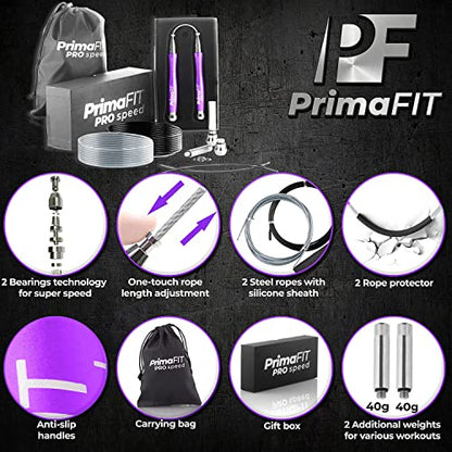 PrimaFIT Pro Speed Jump Rope for Adults, Weighted Skipping Rope for Boxing - color: Purple