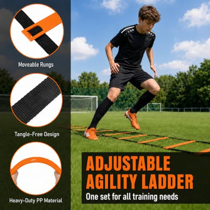 Simple Deluxe Agility Ladder Speed Training Equipment Set, 20ft Speed Ladder, 4 Adjustable Hurdles, Resistance Parachute, 12 Soccer Cones, Jump Rope, Ground Stakes for Football & Fitness - color: Orange