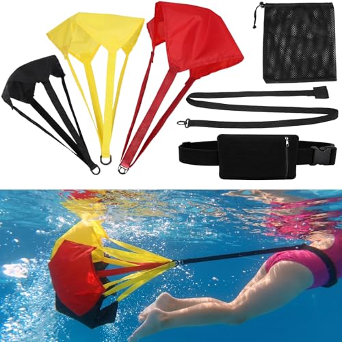 Foilswirl 4 Pcs Swimming Parachute Resistance Training Set Adjustable Swim Belt with Zippered Phone Pouch 3 Interchangeable Drag Parachute for Progressive Strength Endurance Speed Training