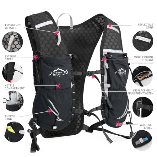 IX INOXTO Running Vest for Women Men, Adjustable Chest Straps Running Hydration Vest with 500ml Soft Flask, Lightweight Breathable Reflective Hydration Backpack for Hiking - color: Black with 1.6L