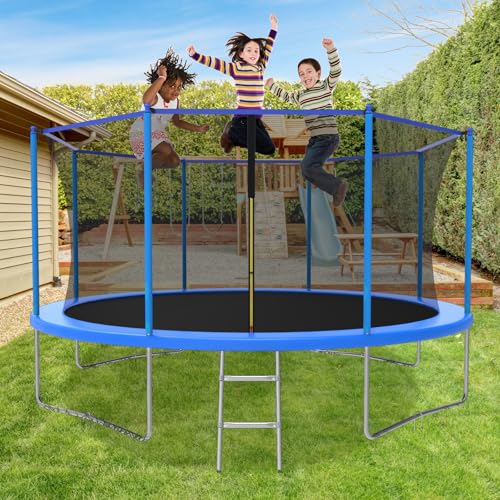 ACWARM HOME 10FT/12FT/14FT Trampoline for Kids and Adults - Outdoor Trampoline with Safety Net - Anti Rust - ASTM Approved - Blue