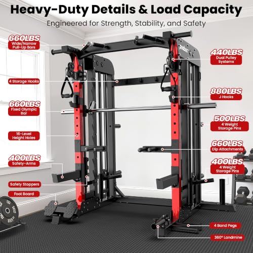 pooboo Power Cage Smith Machine with 2000LB Squat Rack Cable System