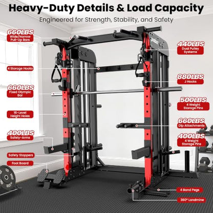 pooboo Power Cage Smith Machine with 2000LB Squat Rack Cable System