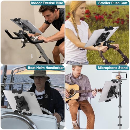 iPad Holder,Tablet Mount Stand Exercise Bike Handlebar Mount for Spin Bike,Treadmill/Elliptical/Peloton/Stroller/Gym Trainer/Boat Helm, Compatible with 4.7~12.9" iPad/Nexus/LG G/e-Reader/iPhone