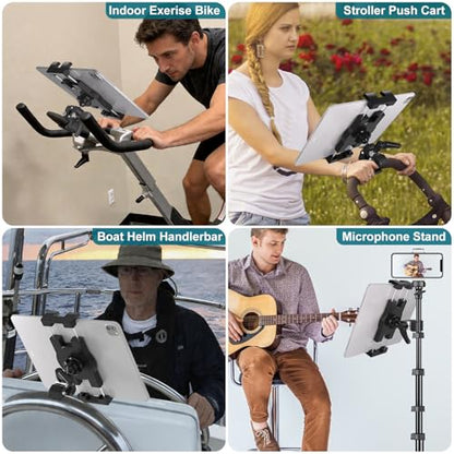iPad Holder,Tablet Mount Stand Exercise Bike Handlebar Mount for Spin Bike,Treadmill/Elliptical/Peloton/Stroller/Gym Trainer/Boat Helm, Compatible with 4.7~12.9" iPad/Nexus/LG G/e-Reader/iPhone