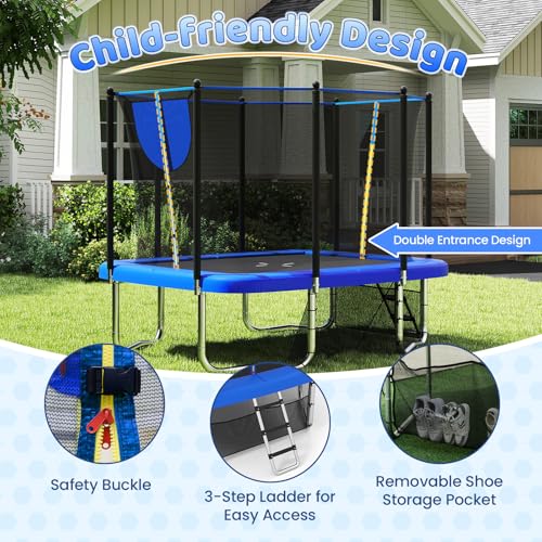 GYMAX Trampoline Outdoor, 10 x 8FT Rectangle Trampoline with Basketball Hoop, Soccer Goal, Anti-Slip Ladder & Shoes Storage, Heavy Duty Backyard Trampolines for Kids & Adults - color: Blue