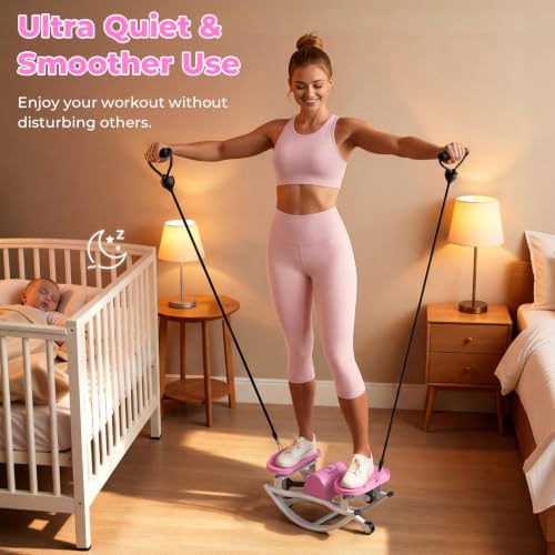 Rocking Stepper with Resistance Bands, 3D Side-to-Side Motion Mini Stepper for Women Home Workout, Low Impact Lateral Step Machine with Non-Slip Mat and Digital Counter, 250lbs Capacity