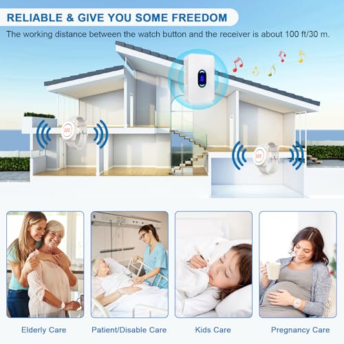 Daytech Wireless Wrist Pager Caregiver Call Button in Home System Watch Alarm Nurse Personal Help Alert for Patients Elderly 2 Watch Call Buttons 2 Plugin Receivers - size: 2 watches+2 receivers