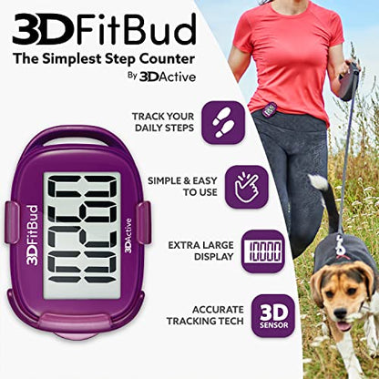 3DFitBud Simple Step Counter Walking 3D Pedometer by 3DActive with Clip, Lanyard Accurate Step Tracker Large Display, Easy to Use for Kids Men Women Adult Seniors Daily Step Tracking - A420S - color: Plum