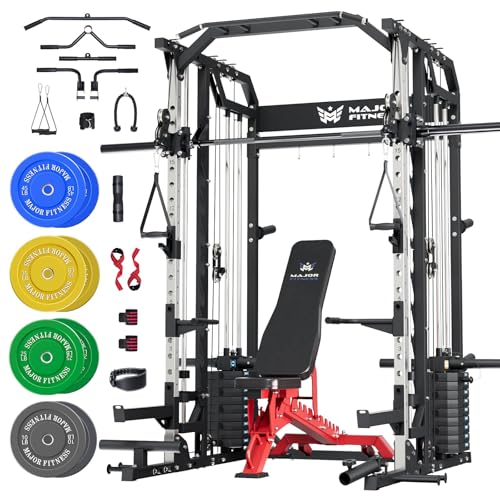 Major Fitness Drone2 Advanced Training Smith Machines– All-in-One Home Gym Squat Rack with Aluminum Pulley Set , Weight Bar, Dual LAT Pull-Down Systems & Cable Crossover Machine for Full-Body Workouts - style: SL D2AW Package(with RD Elite Bench+230lb)