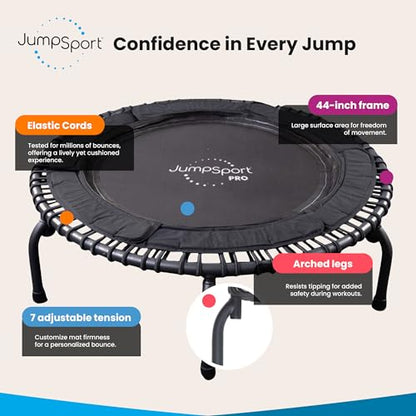 JumpSport 550 Workout Rebounder for Adults, 44" | PRO CE | Mini Exercise Fitness Trampoline Jumper with Cables | Black - color: Matte Black, style: Solid Frame / Petal Mat