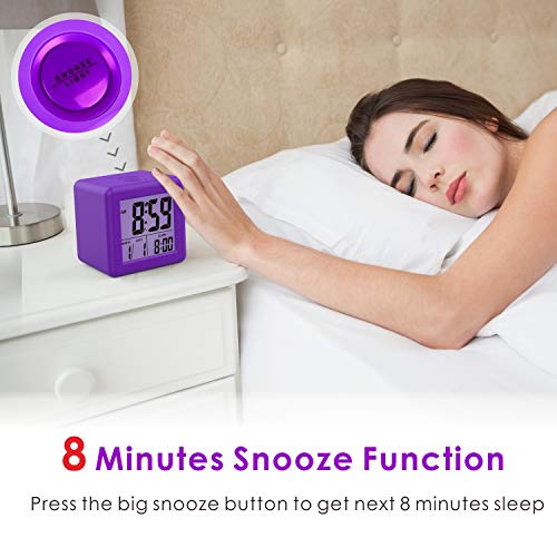 Plumeet Digital Alarm Clock for Kids with Snooze and Nightlight - Easy Setting Silicone Display Time, Date - Loud for Bedroom - Battery Powered (Purple) - color: Purple