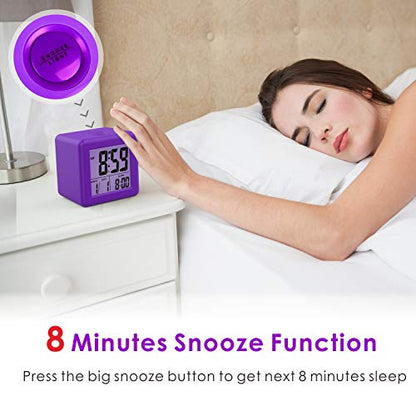 Plumeet Digital Alarm Clock for Kids with Snooze and Nightlight - Easy Setting Silicone Display Time, Date - Loud for Bedroom - Battery Powered (Purple) - color: Purple