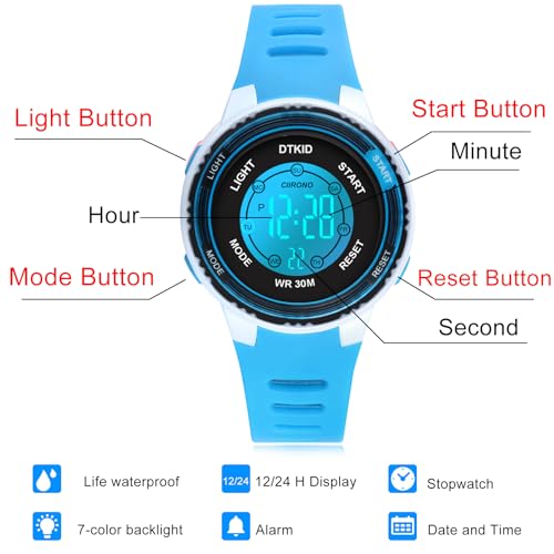 DTKID Digital Kids Watch 30 M Waterproof for Girls Boys 5-16 - color: Bright blue