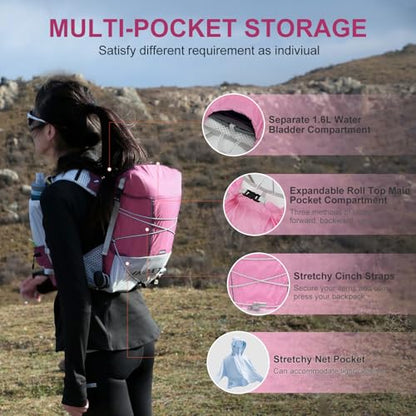 IX INOXTO Running Vest Hydration Backpack, Lightweight Running Backpack Hydration Pack with 1.6L Water Bladder Daypack for Trail Running Hiking Cycling Race Marathon for Women Men - color: Pink