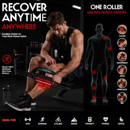 Electric Rolling Massager for Lymphatic Drainage, Red Light Muscle Recovery Roller with Ice Pack, Rechargeable 6-Speed Deep Tissue Massage Stick, Hands-Free Base for Back, Legs, Calves, Arms, Feet