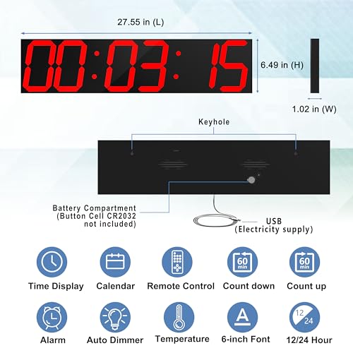 CHKOSDA Digital Wall Clock, Oversize Led Digital Clock Large Display with Auto Dimmer, Huge Countdown Timer with Remote Control, 27" Wide Led Display, 6 Digits, Wall Mount, Date and Temperature (Red) - color: Red