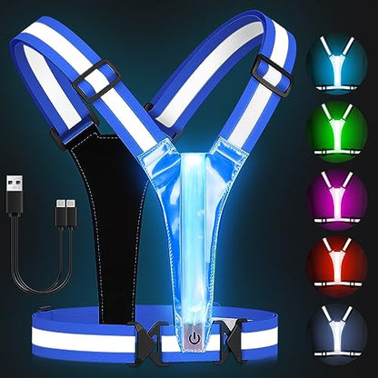 Zacro LED Reflective Vest Running Gear, 5 Lights Colors High Visibility Reflective Running Gear Rechargeable Light Up Running Vest for Walking Running Cycling, Adjustable for Men Women Kids - color: Blue