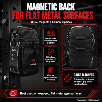 Compact Gym Organizer Bag with Phone Pocket & Bottle Holder, Magnetic Back for Flat Metal Surfaces, Gym Essentials Bag for Keys, Towel, Straps, Earbuds & Workout Accessories