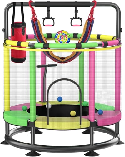 Trampoline for Kids, Full Anti-Rust 440lbs Anti-Rollover Round Bottom Toddler Trampoline, T-handrail Adjustable Baby Toddler Trampolines Dart Board - color: A4-Yellow Green Pink, size: 60