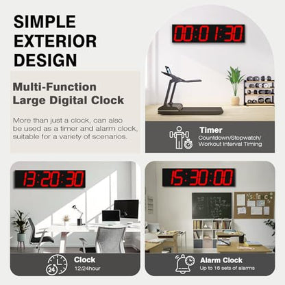CHKOSDA Digital Wall Clock with Large Display, 28.4‘’LED 6-Digit Large Clock with Adjustable Brightness, Multifunction Digital Timer with Countdown and Stopwatch(Red) - color: Red